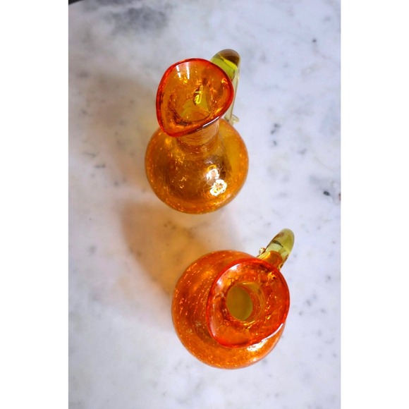 Vtg Mid-Century Amberina Crackle Small Glass Pitchers Set 2 5.75" Tangerine - Picture 5 of 10